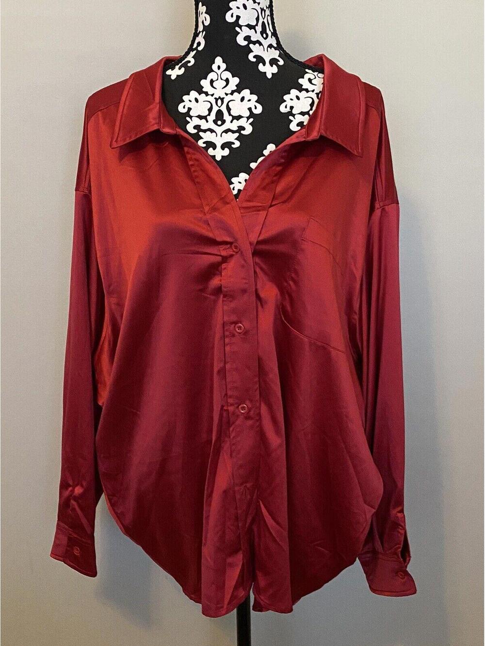 NWT Hyfive Red Satin Button Down Top Long Sleeve | Women’s sz Large